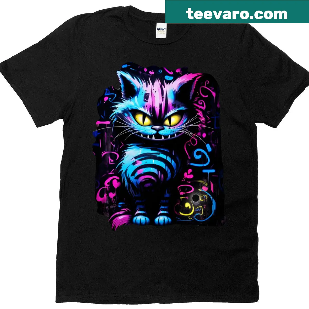 Cheshire Cat graffiti design T-shirt in a dark urban fantasy style — on a men's t-shirt
