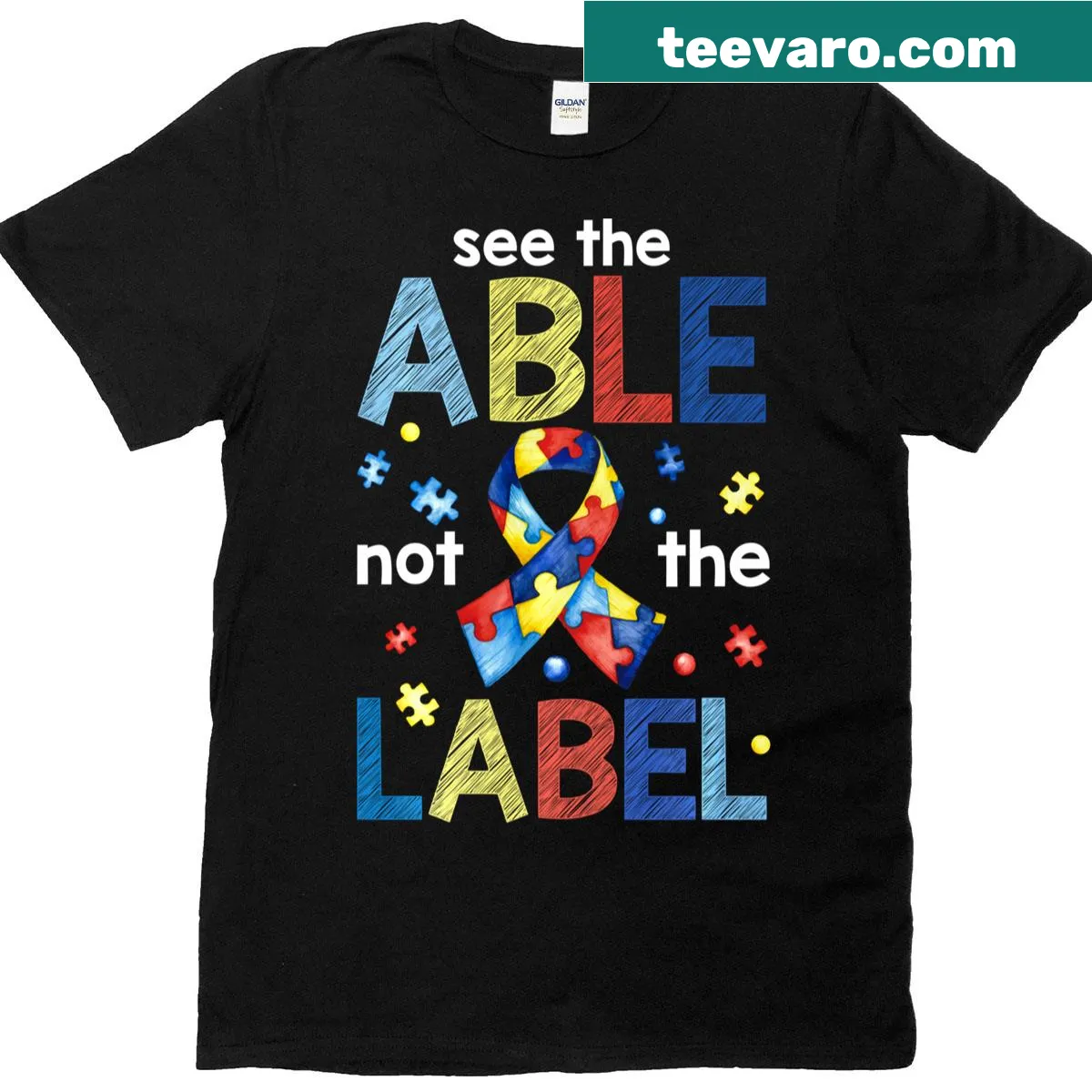 Text t-shirt with the message 'See The Able Not The Label' and puzzle piece design — on a men's t-shirt