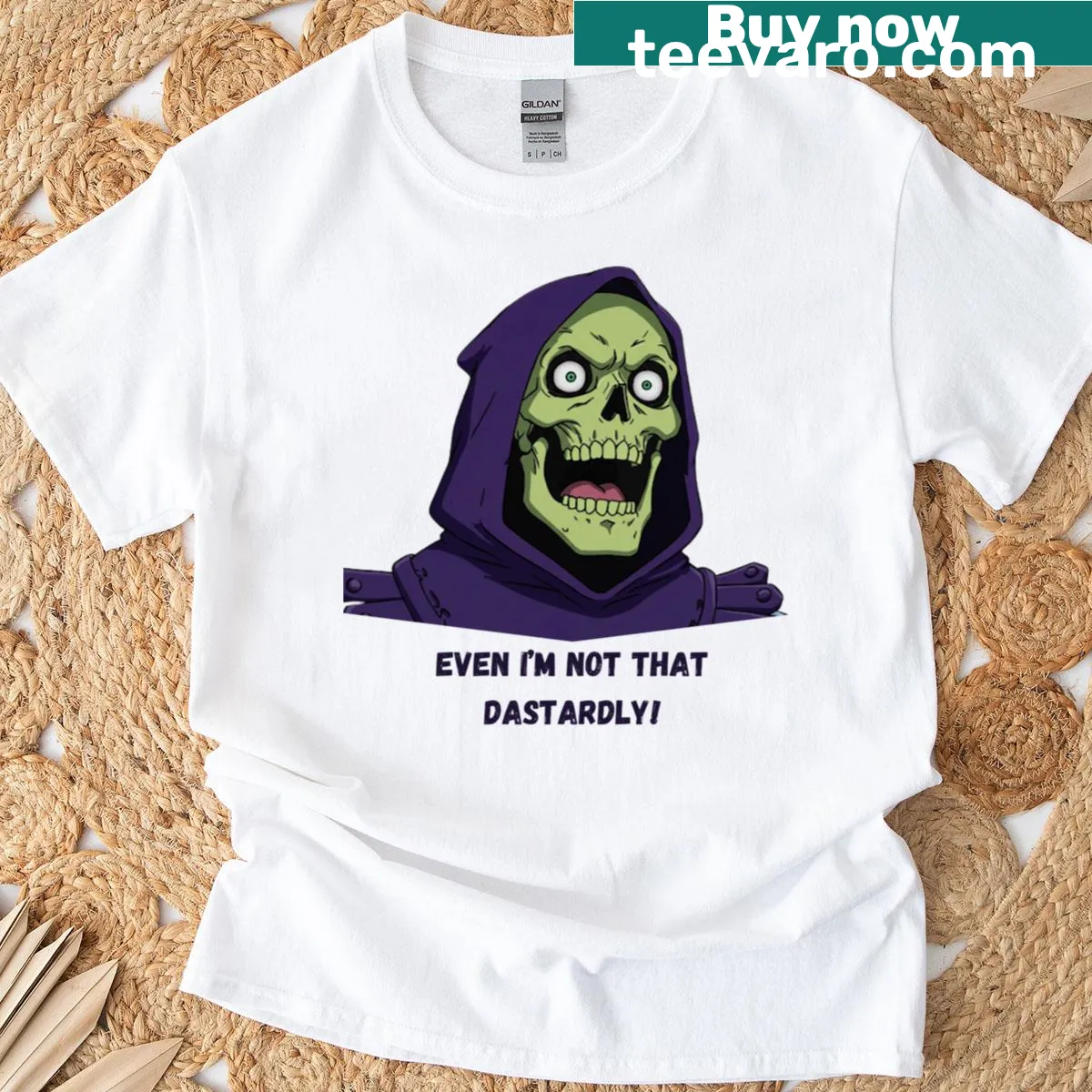 T-shirt featuring a shocked Skeletor graphic — on a men's t-shirt