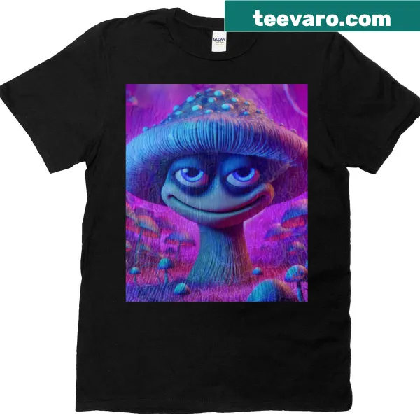 Whimsical T-shirt featuring a mushroom illustration with a scenic view