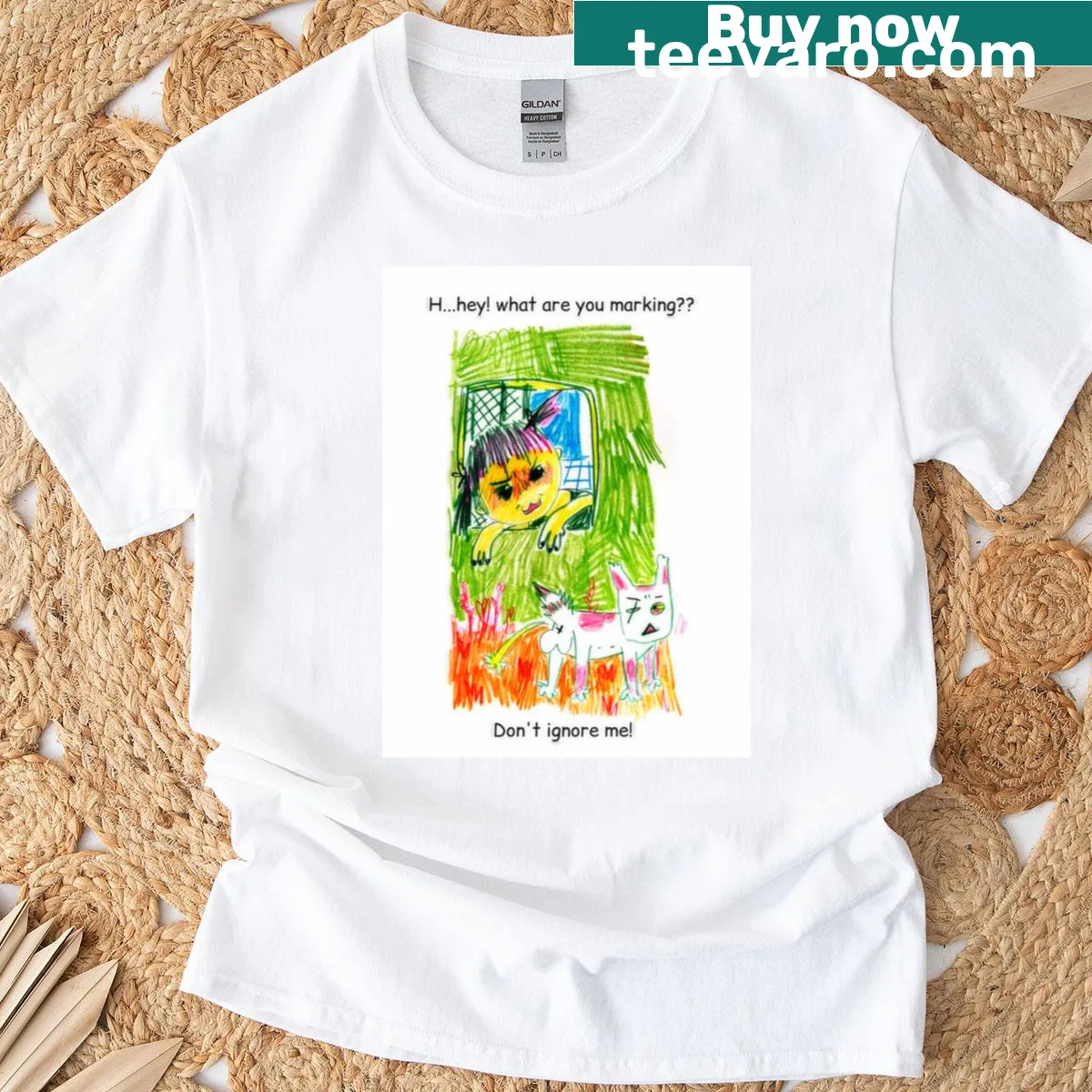 Whimsical T-shirt featuring a cute cartoon cat — on a men's t-shirt