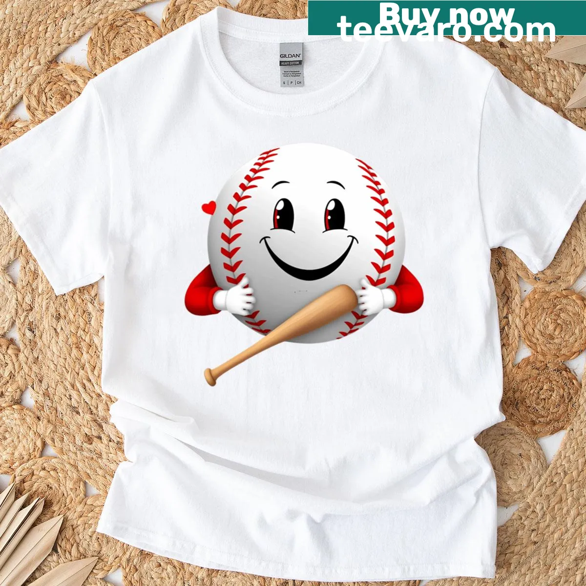 Cartoon smiling baseball with bat graphic on T-shirt — on a men's t-shirt