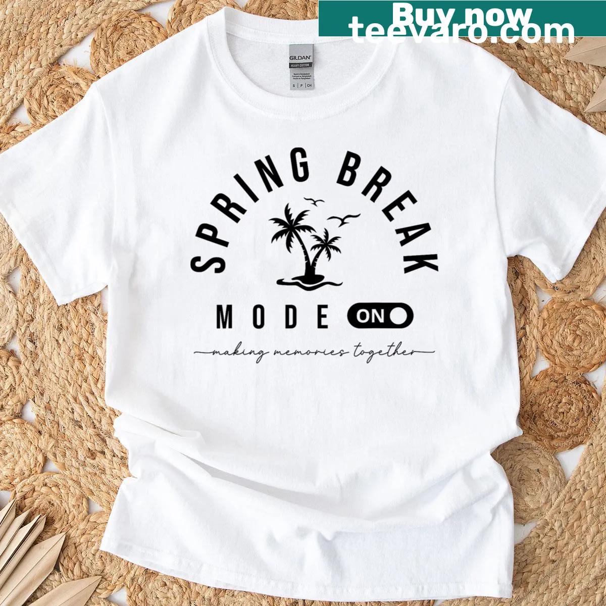 Cartoon T-shirt celebrating spring vacation party vibes — on a men's t-shirt