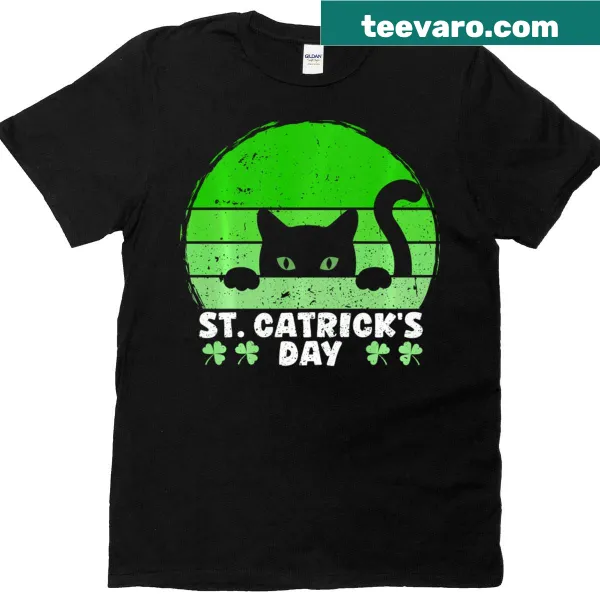 Retro St. Patrick's Day T-shirt featuring a playful black cat