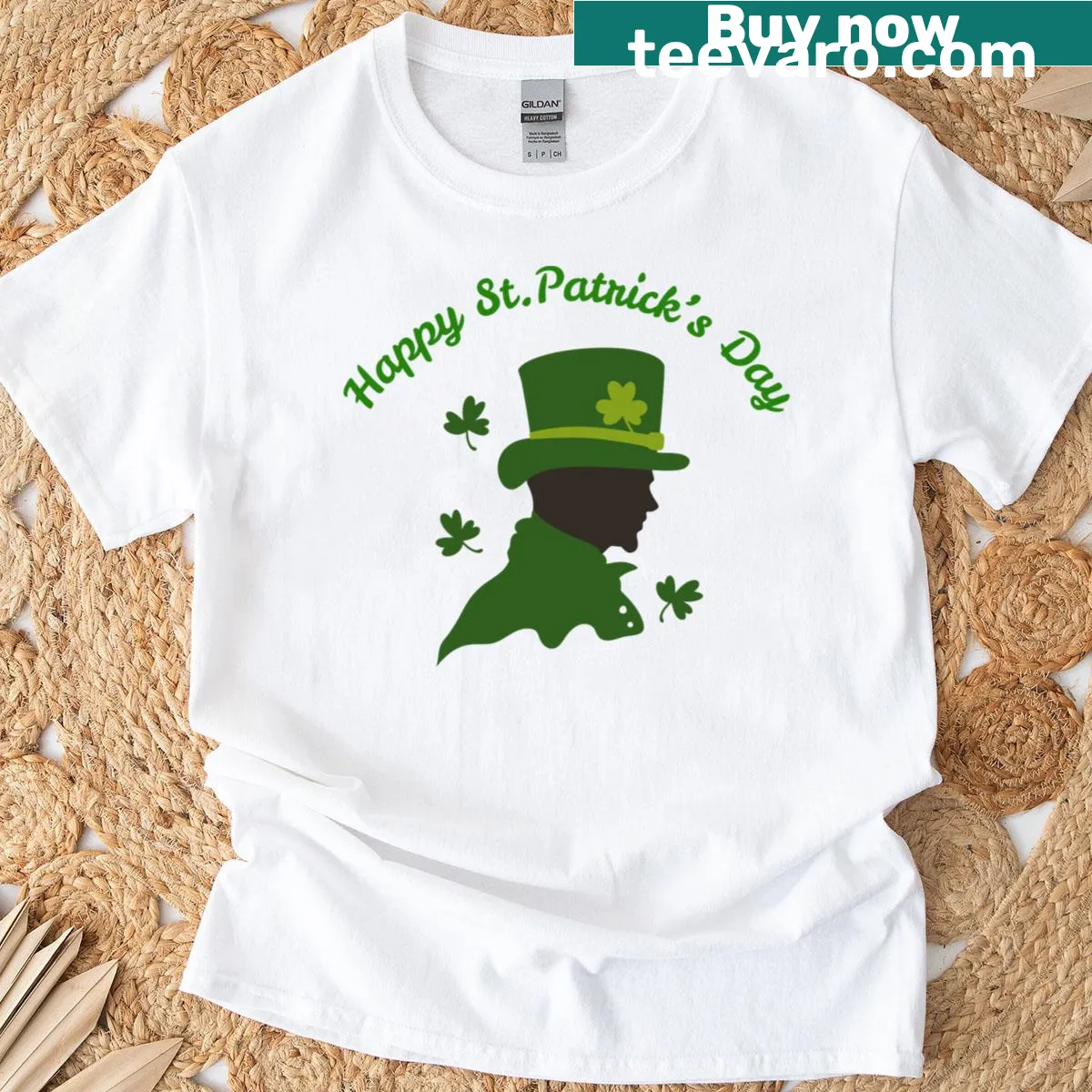 Happy St. Patrick's Day tee with green clover design and festive text — on a men's t-shirt