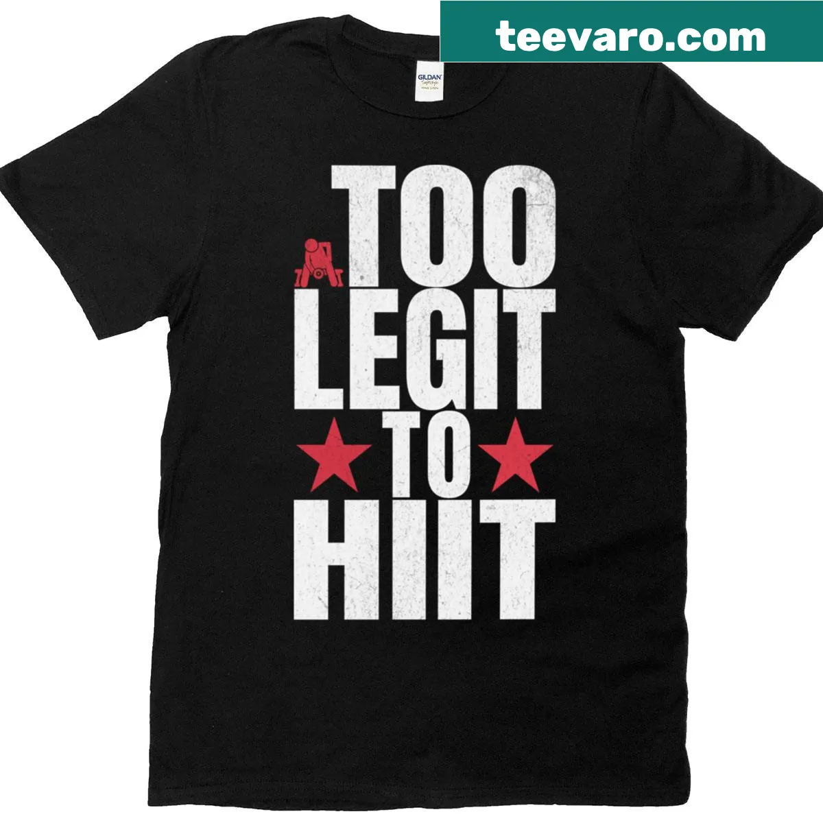 Bold typography t-shirt with the phrase 'Too Legit To Hiit' — on a men's t-shirt