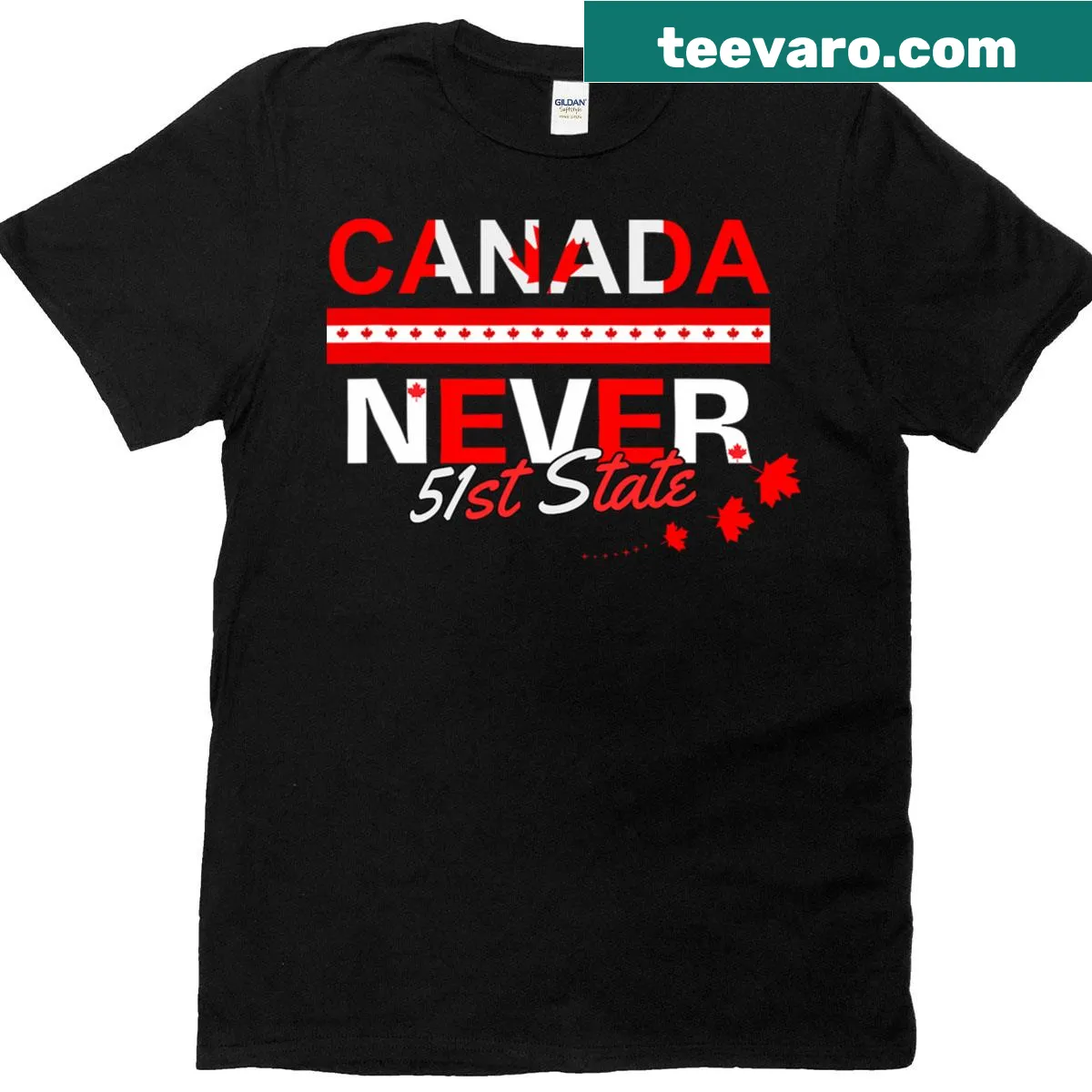 Vintage Canada flag t-shirt with 'Never 51st State' text — on a men's t-shirt