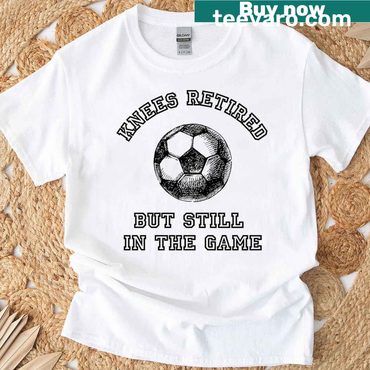Funny vintage soccer t-shirt about aging athletes with knee joke — on a men's t-shirt