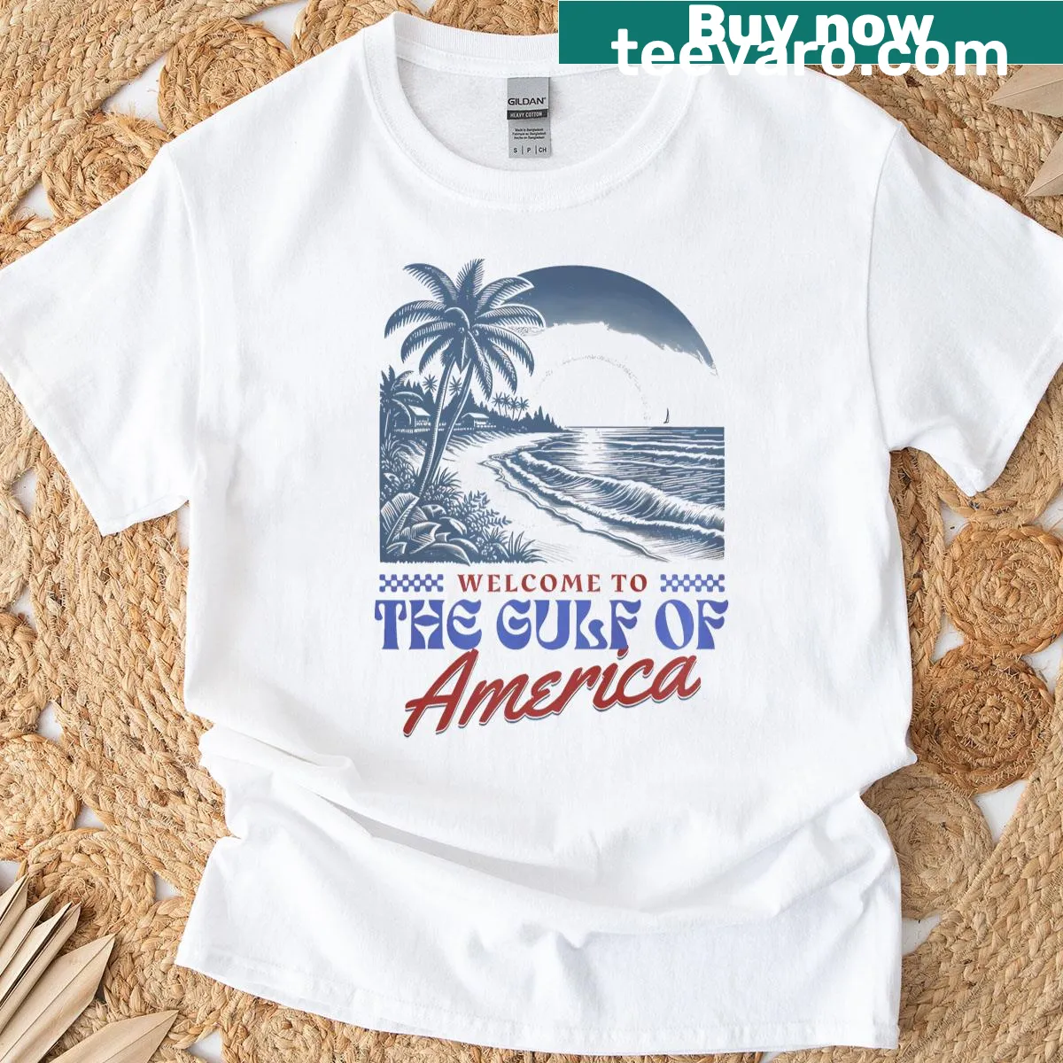 Vintage beach T-shirt featuring a retro graphic of America's Gulf — on a men's t-shirt