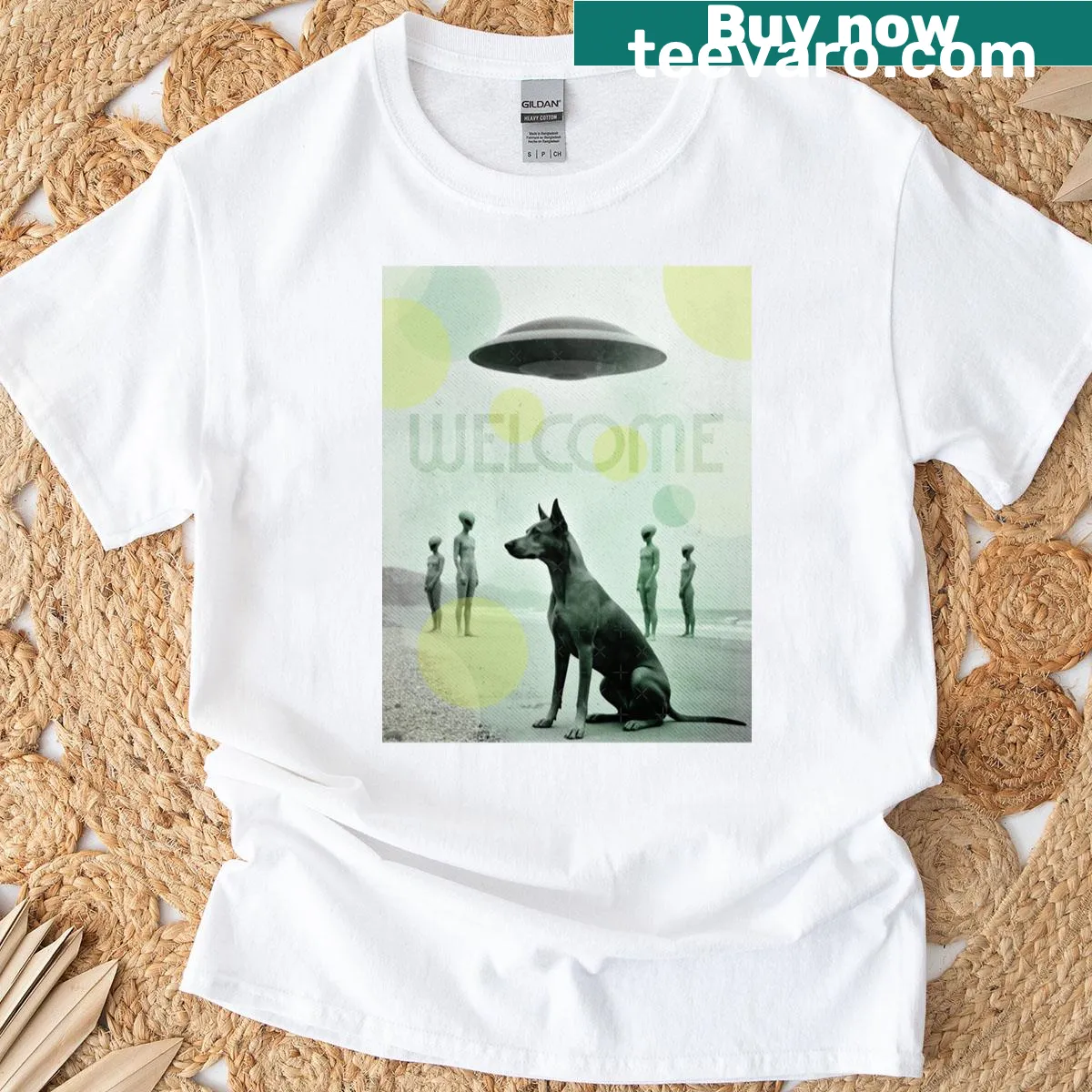 Playful collage t-shirt with a dog and UFO theme. — on a men's t-shirt