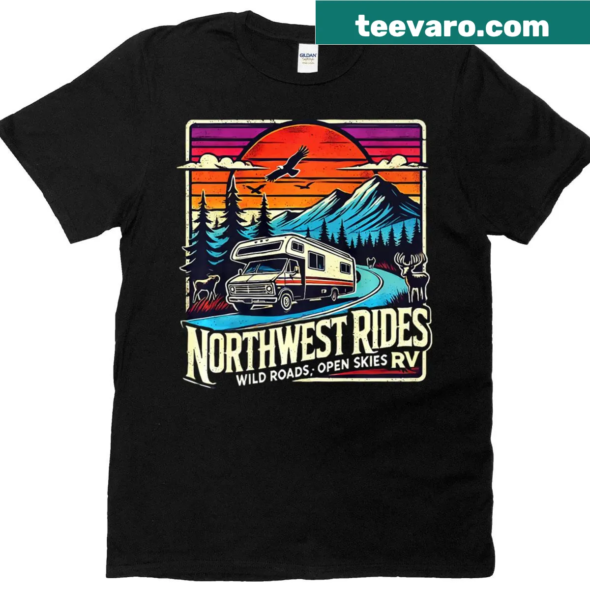 T-shirt featuring a scenic design of open roads and skies — on a men's t-shirt