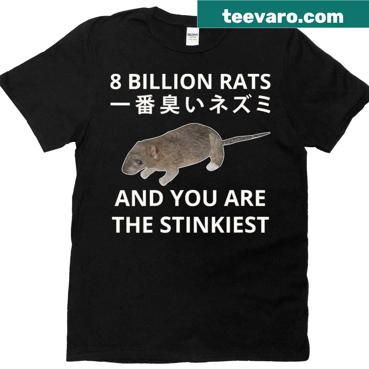Humorous V-neck T-shirt with '8 Billion Rats' saying — on a men's t-shirt
