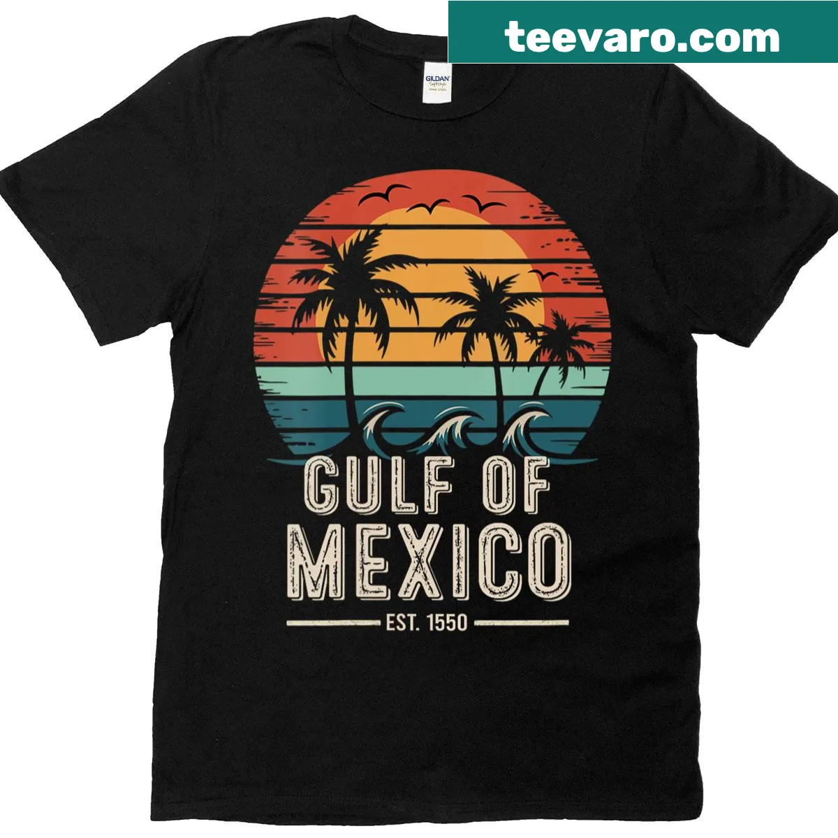Retro Gulf of Mexico beach graphic on vintage-style V-neck T-shirt — on a men's t-shirt
