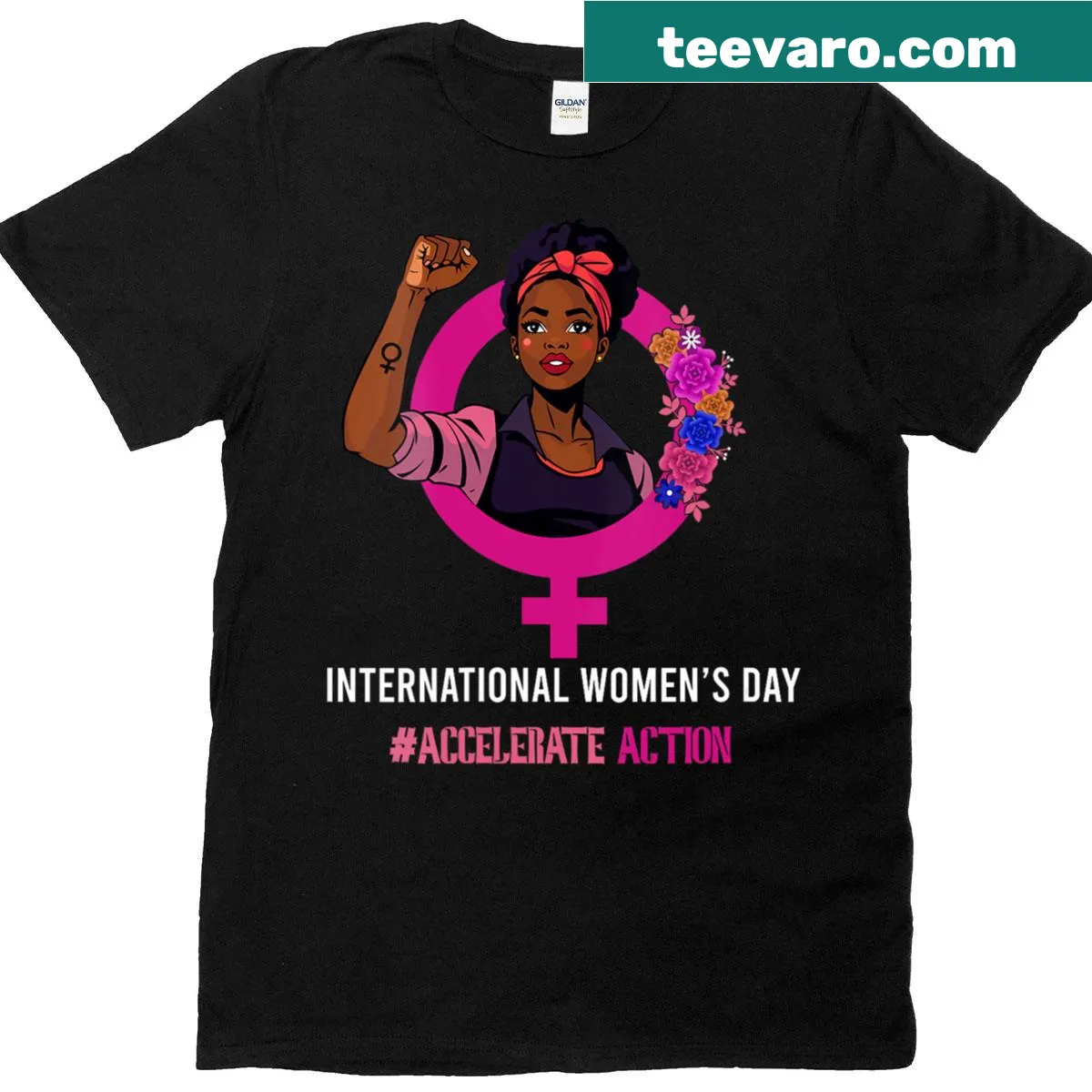 Inspirational T-shirt for International Women's Day with 'Accelerate Action' text — on a men's t-shirt