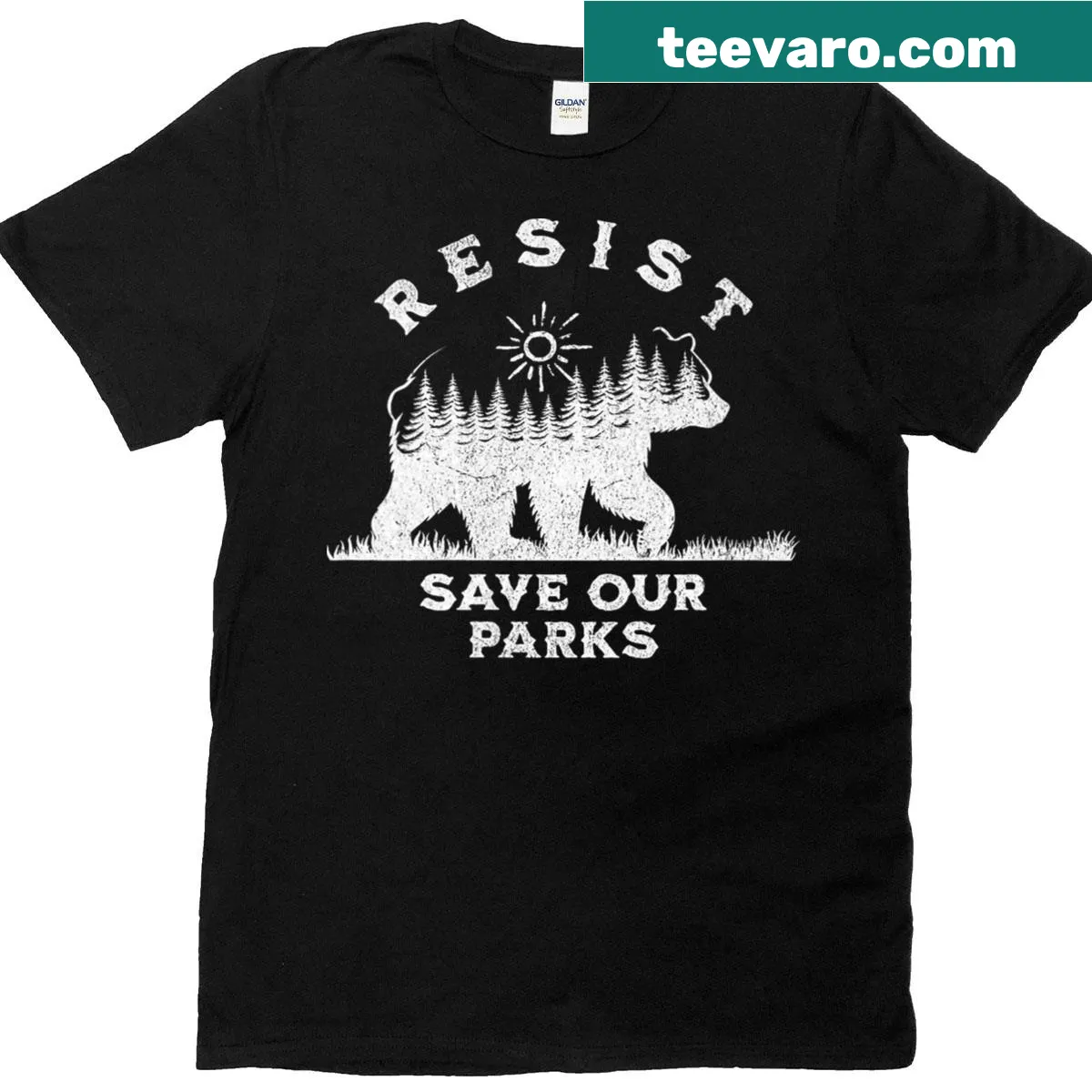 Illustrated bear graphic with 'Save Our Parks' text on women's V-neck T-shirt — on a men's t-shirt