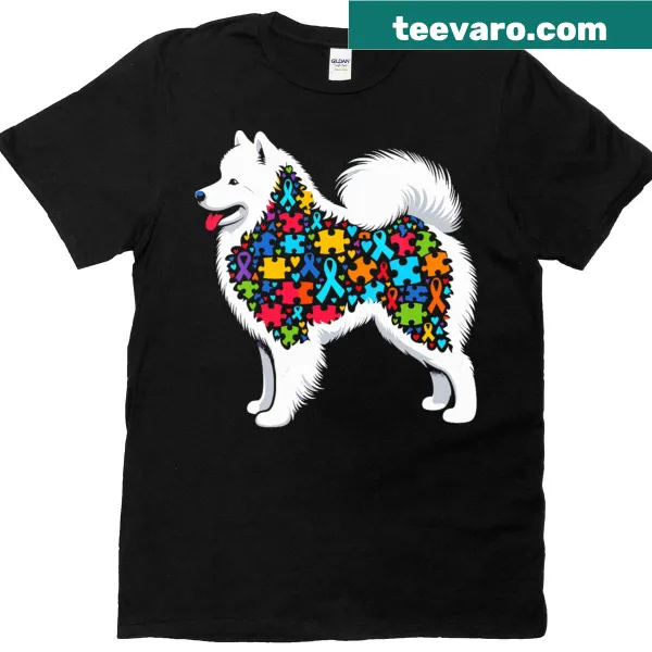 Illustrated Samoyeds in a puzzle design for autism awareness on a V-neck t-shirt
