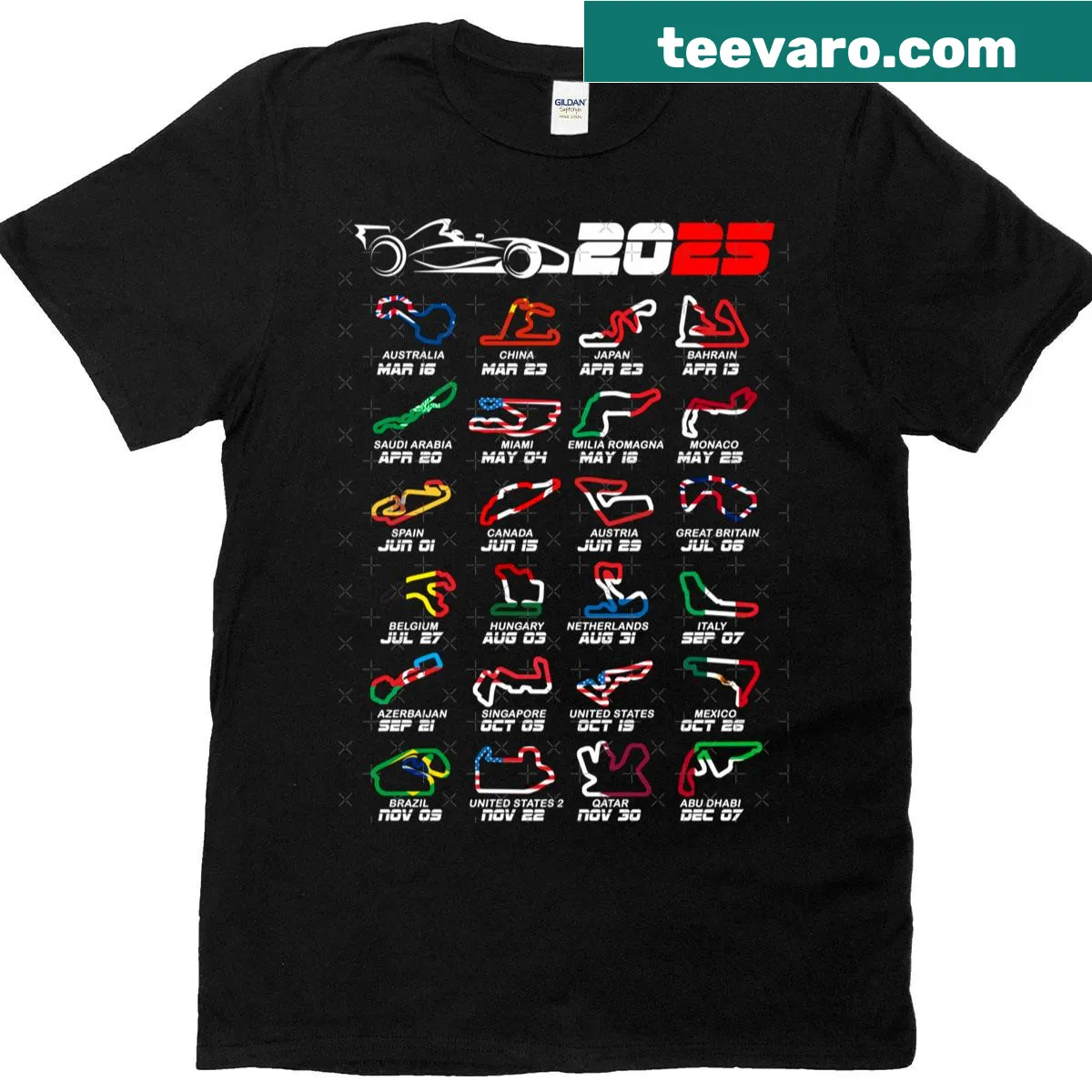 Formula racing inspired t-shirt featuring the 2025 Circuit Racing Calendar design — on a men's t-shirt