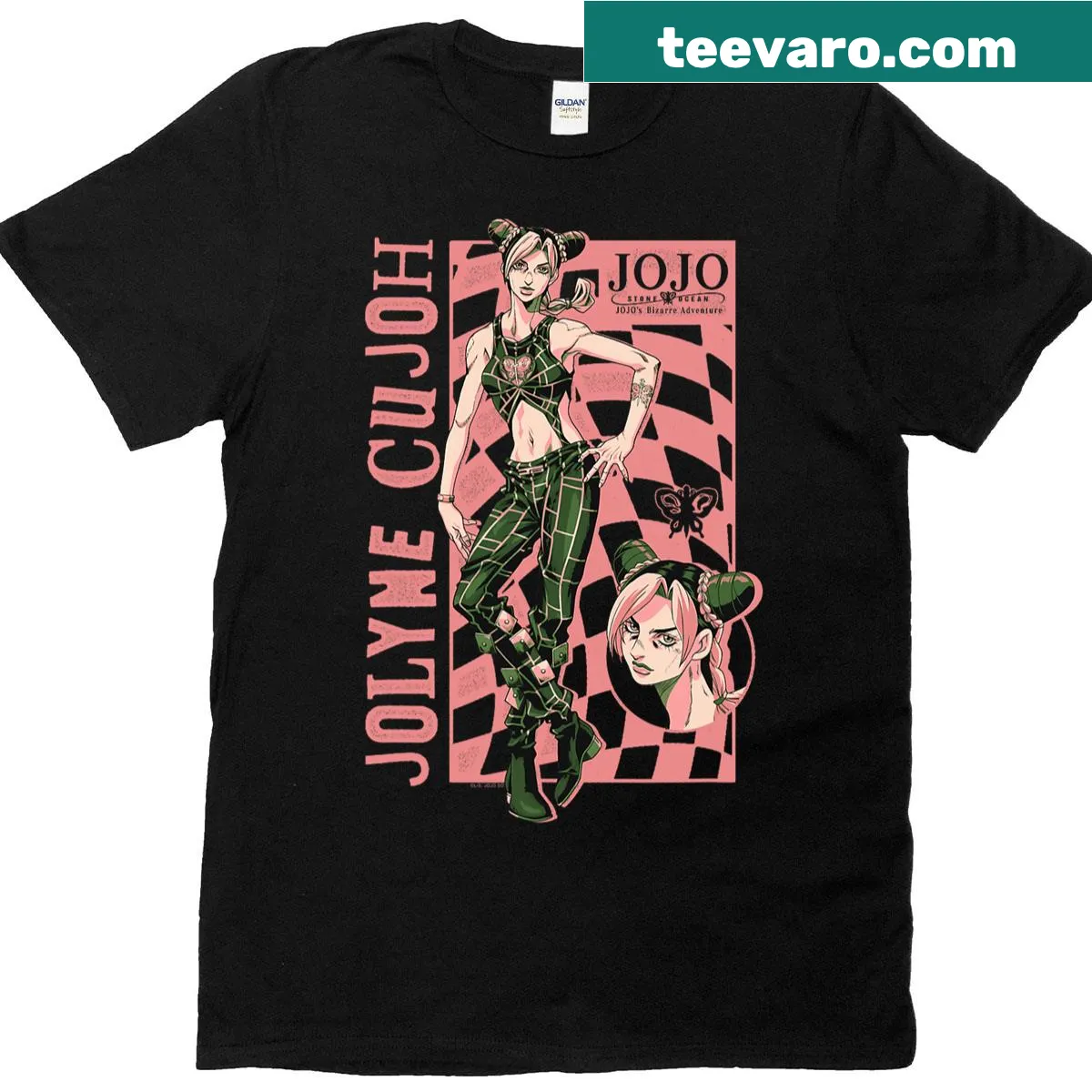 Jolyne Cujo checkerboard graphic on JoJo's Bizarre Adventure T-shirt — on a men's t-shirt
