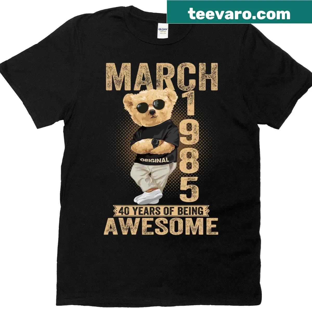 Teddy bear graphic t-shirt for a 40th birthday celebration — on a men's t-shirt
