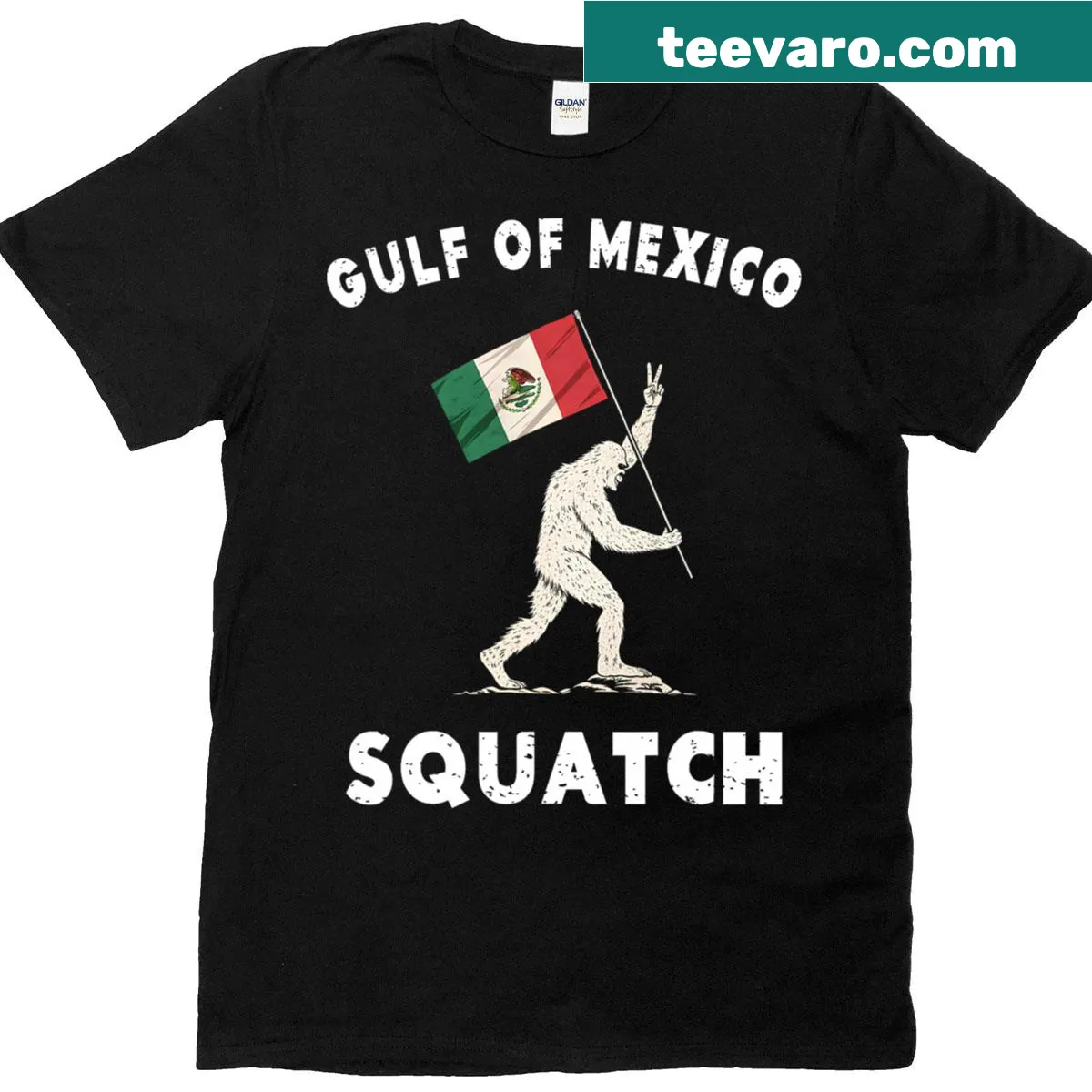 Bigfoot wearing Mexican flag on Gulf Coast T-shirt — on a men's t-shirt