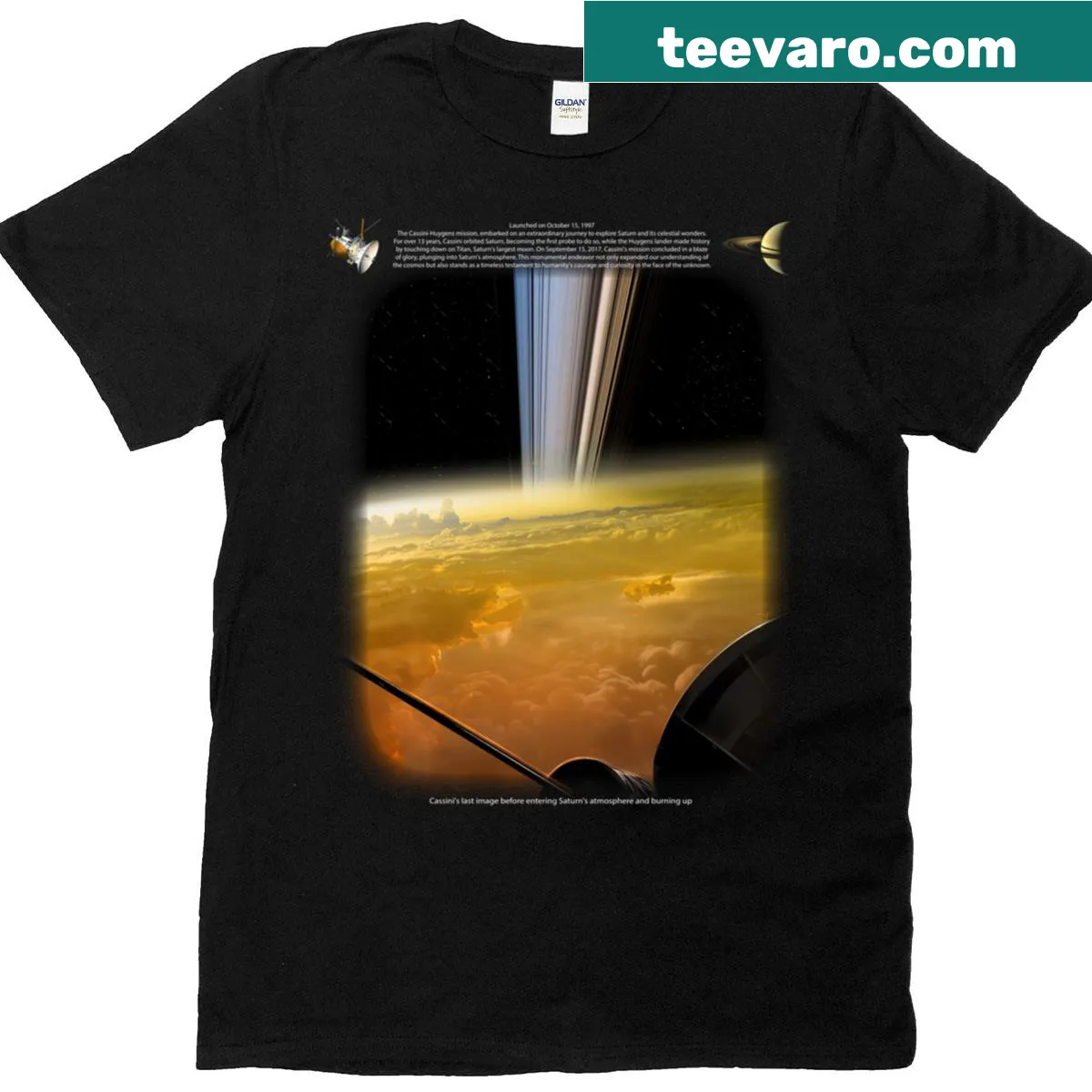 T-shirt featuring final images from the Cassini mission — on a men's t-shirt