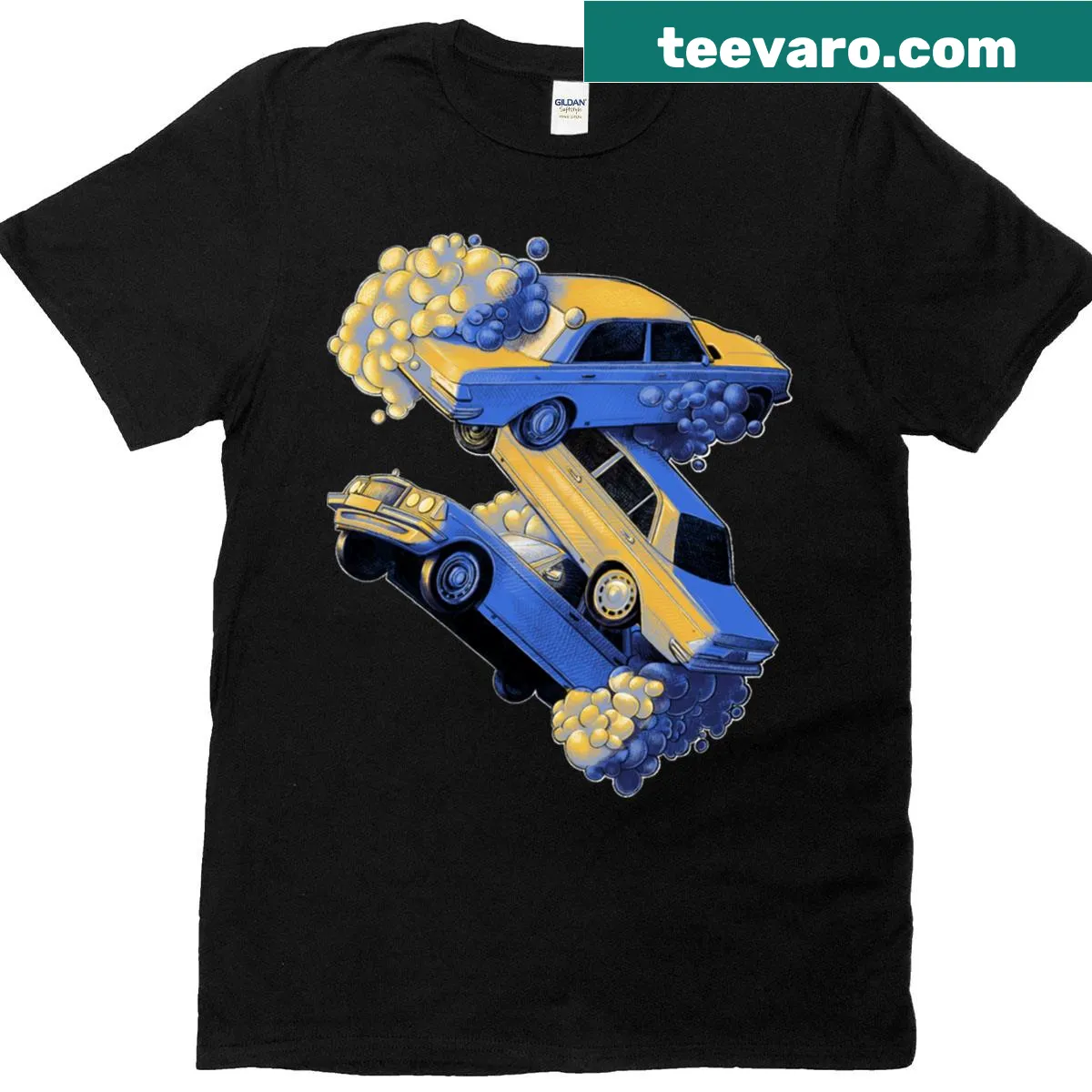 Illustrated t-shirt featuring collectible dream cars with 'For Sale' text. — on a men's t-shirt