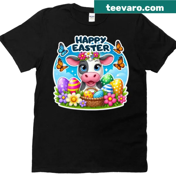 Charming Easter T-shirt featuring a cow with butterflies and Easter eggs