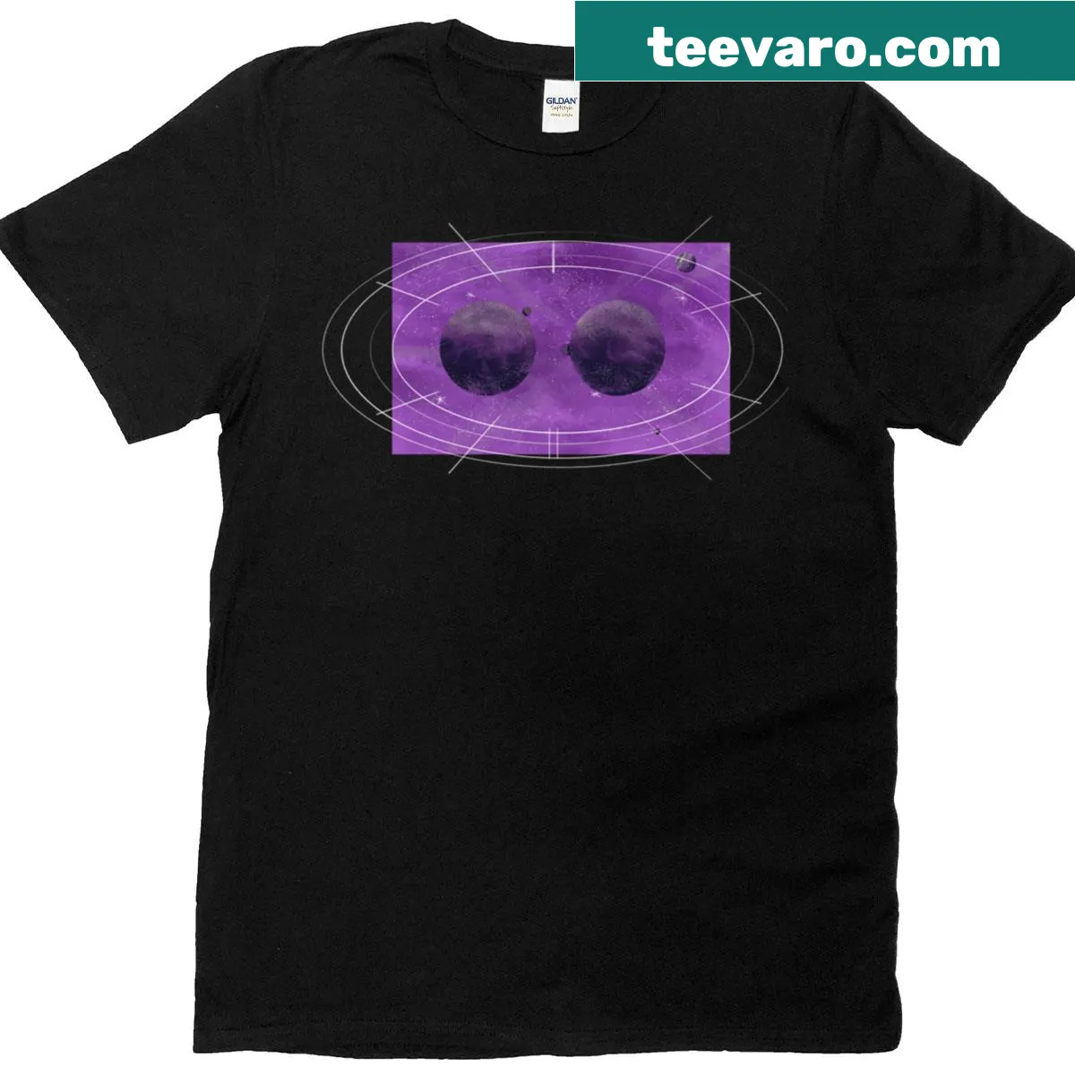 Abstract art t-shirt featuring cosmic and galactic elements. — on a men's t-shirt