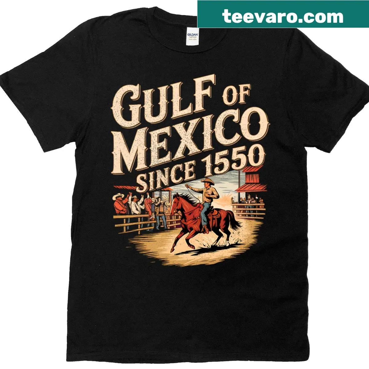 Typography T-shirt celebrating Gulf of Mexico's rodeo history since 1550 — on a men's t-shirt