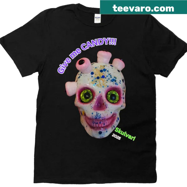 Playful candy-themed t-shirt with cartoon skull design