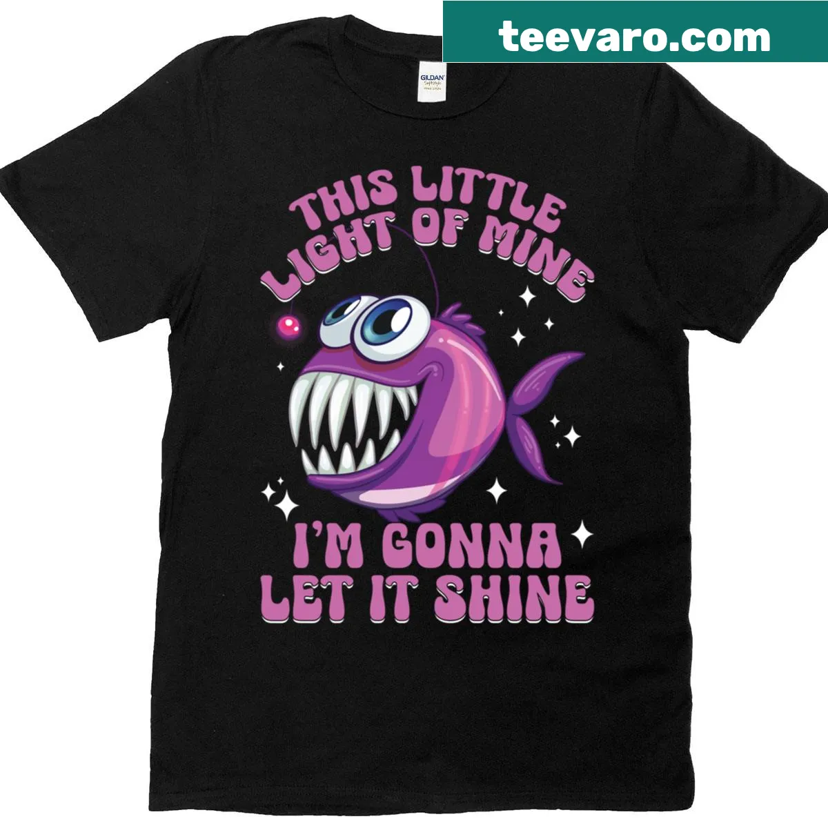 Illustrated t-shirt showcasing deep sea creatures and anglerfish — on a men's t-shirt