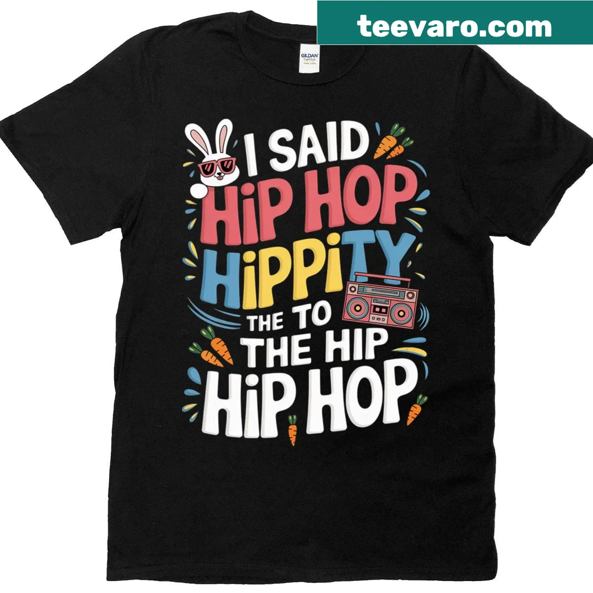 Playful Easter T-shirt with a hip-hop themed Easter Bunny design — on a men's t-shirt
