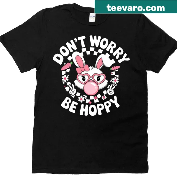 Cute Easter T-shirt featuring a bunny face and the phrase 'Don't Worry, Be Hoppy'