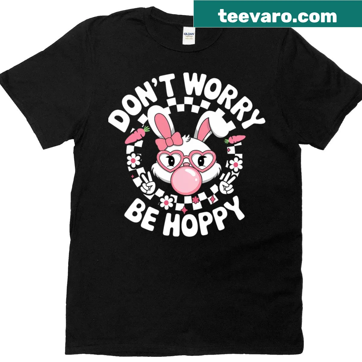 Cute Easter T-shirt featuring a bunny face and the phrase 'Don't Worry, Be Hoppy' — on a men's t-shirt