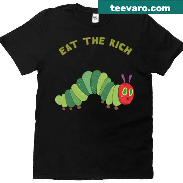 Illustration of caterpillars with the phrase 'Eat The Rich' for social commentary.