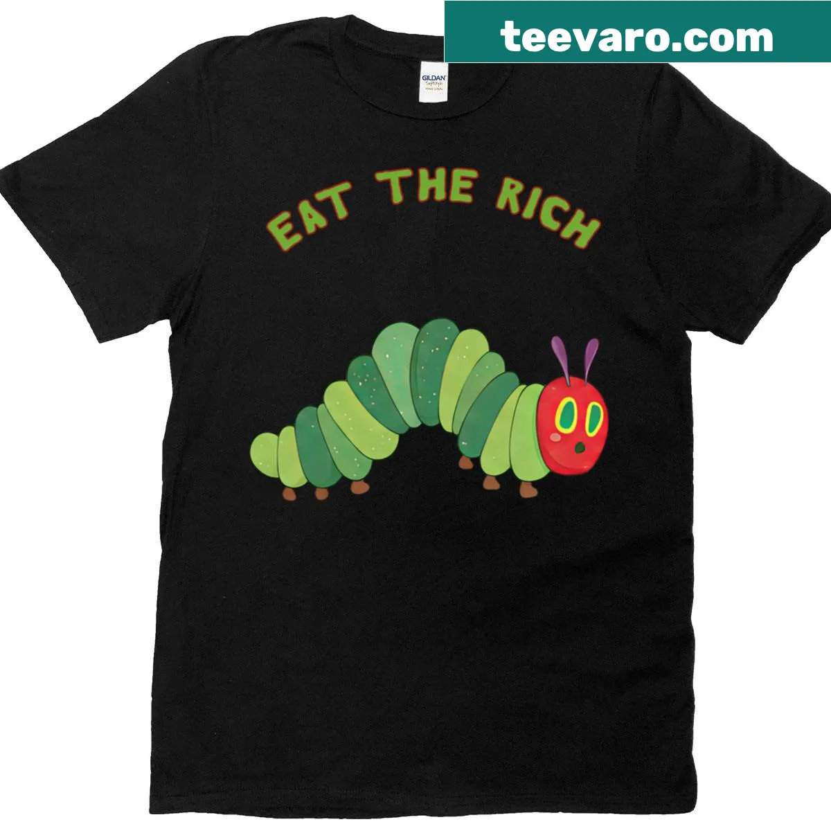 Illustration of caterpillars with the phrase 'Eat The Rich' for social commentary. — on a men's t-shirt