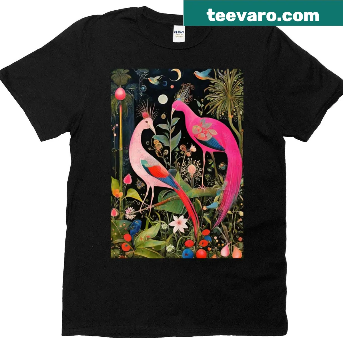 Abstract illustration of exotic birds on t-shirt — on a men's t-shirt