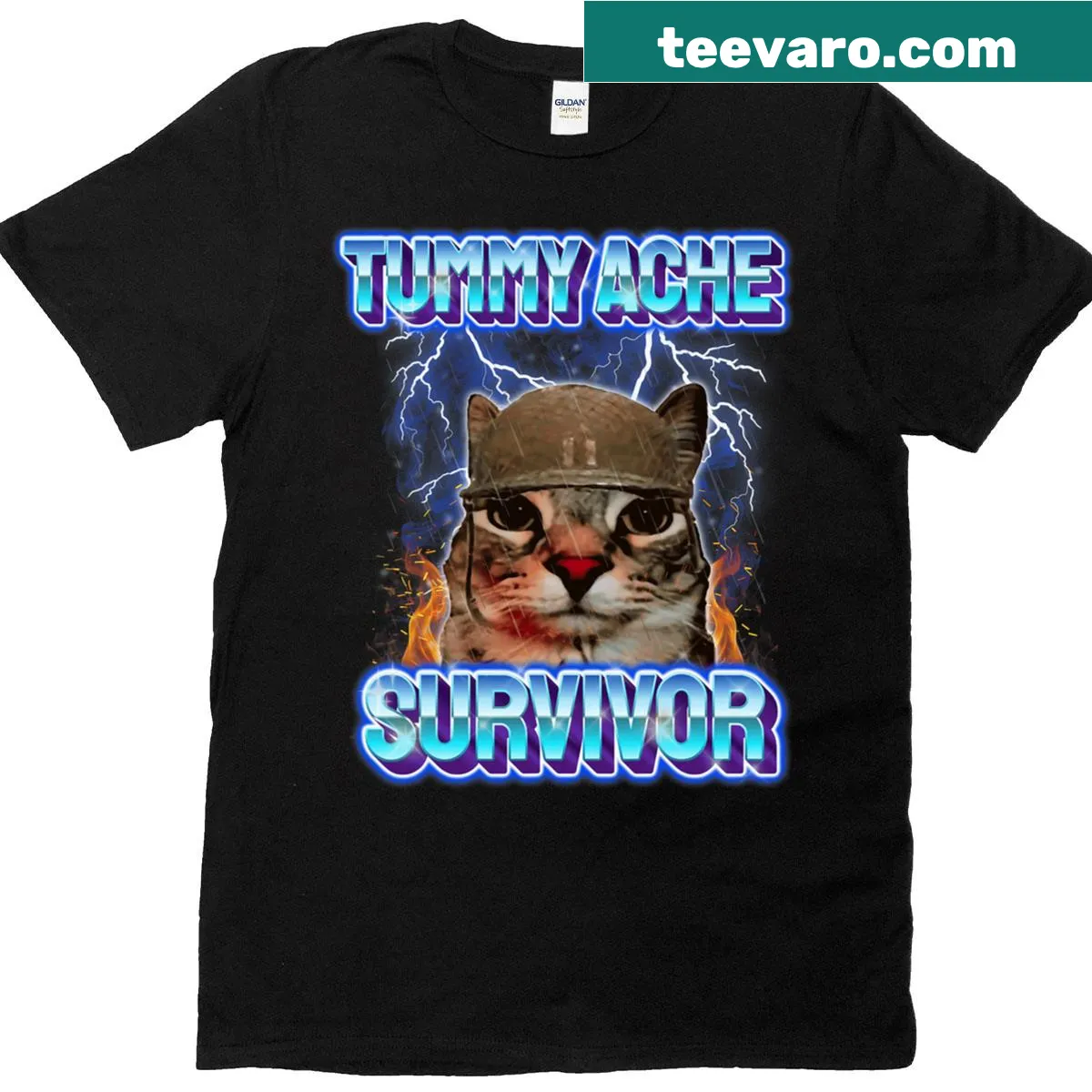 Sarcastic humor about cats and tummy aches on a t-shirt — on a men's t-shirt