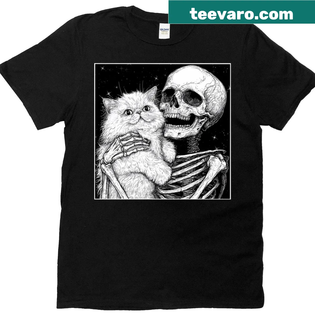 Playful t-shirt featuring cats with a skeleton crew design. — on a men's t-shirt