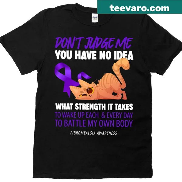 T-shirt with cat graphic and message about fibromyalgia awareness