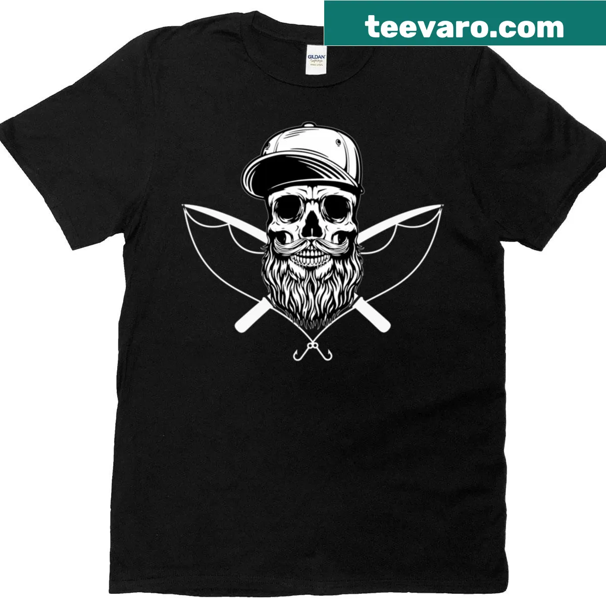 T-shirt featuring a bold angler skull logo design — on a men's t-shirt