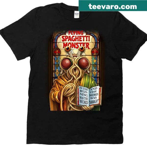 Illustrated T-shirt featuring the Flying Spaghetti Monster in stained glass style.