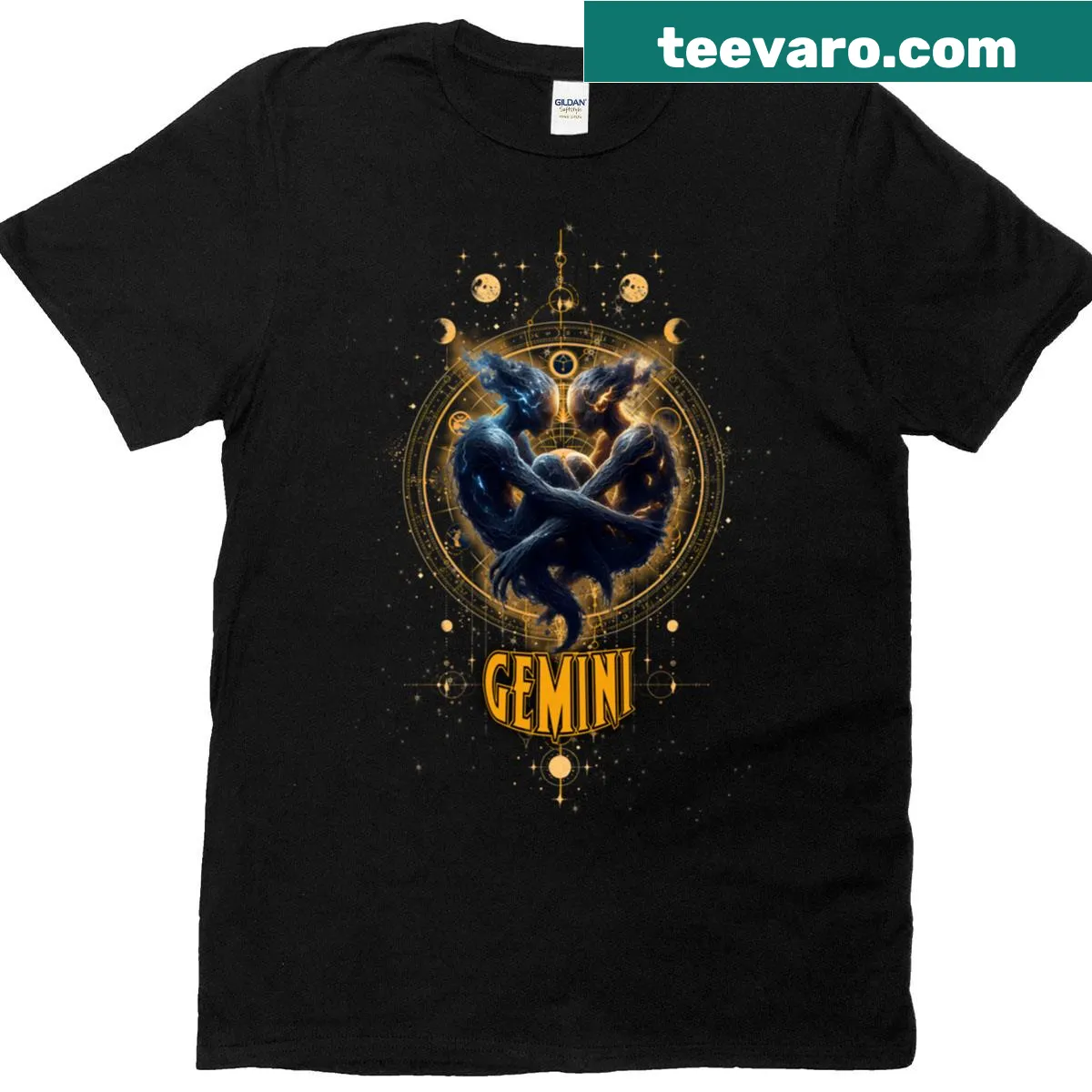 Celestial themed Gemini Zodiac t-shirt with stars and the Gemini glyph — on a men's t-shirt
