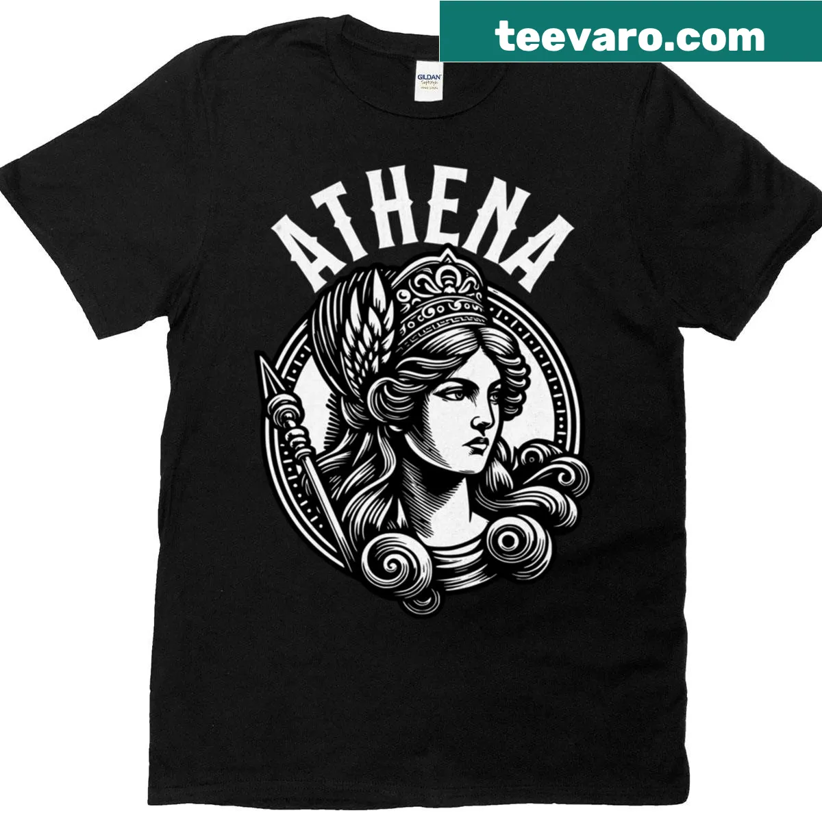 Illustrated t-shirt featuring Goddess Athena from Greek mythology — on a men's t-shirt