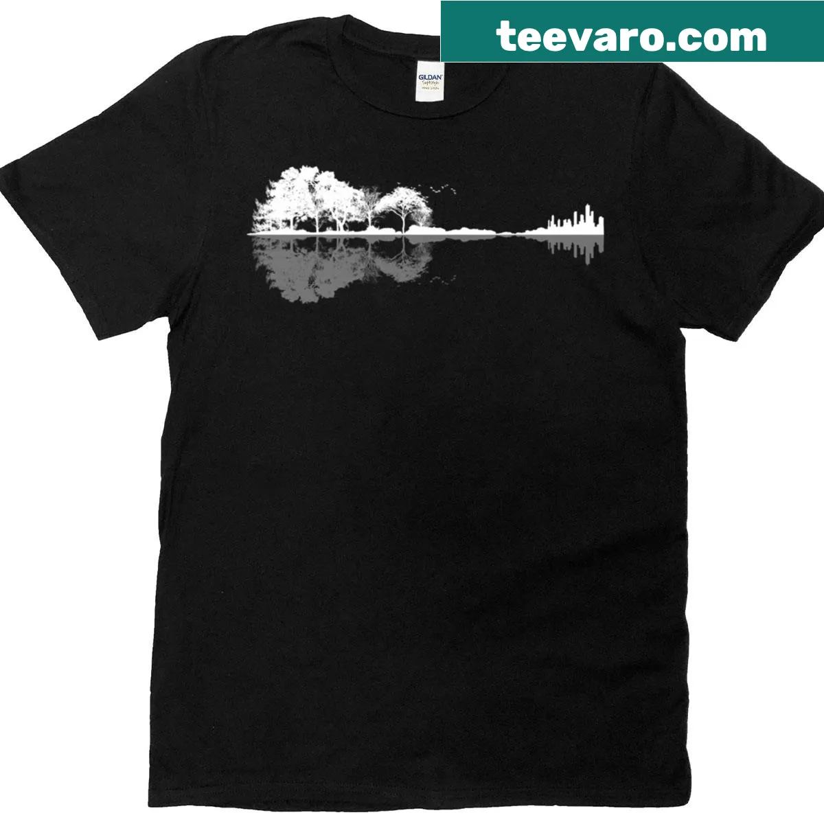 Illustration of a guitar integrated with nature elements — on a men's t-shirt