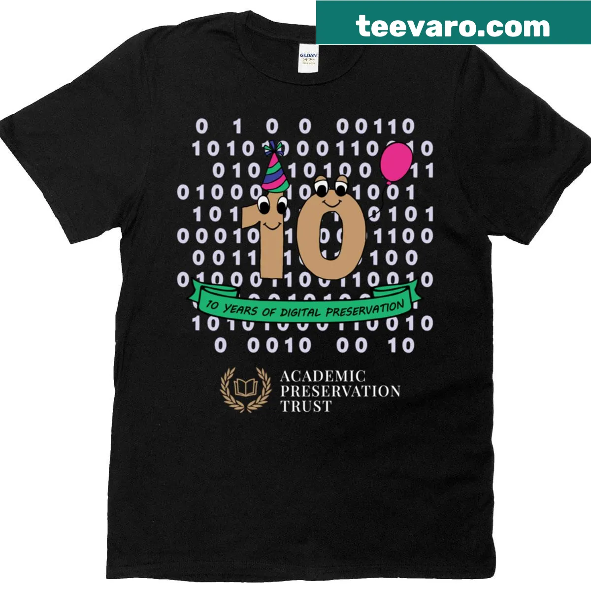 T-shirt featuring inverted purple logo for Academic Preservation Trust anniversary — on a men's t-shirt