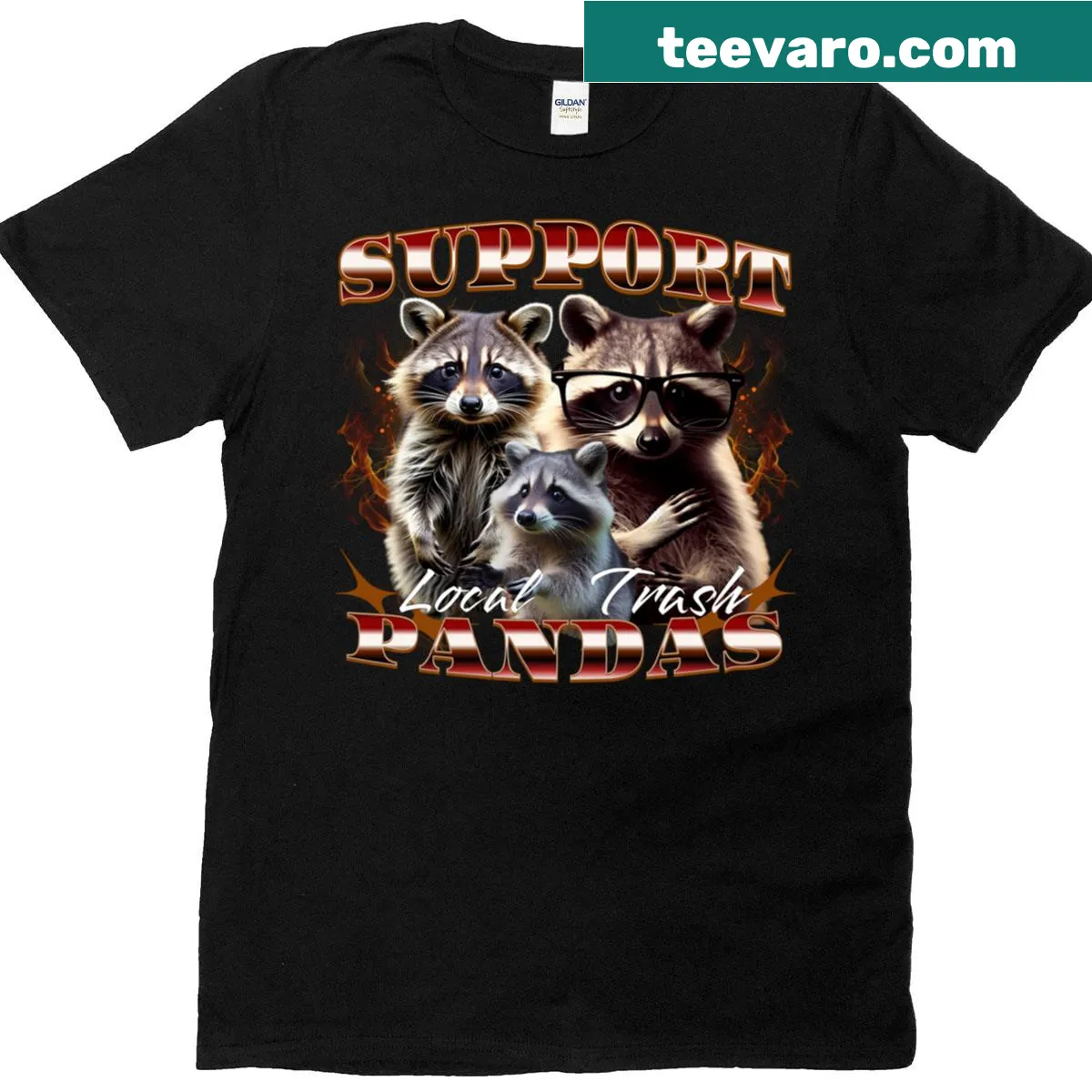 Cartoon trash pandas supporting community on T-shirt — on a men's t-shirt