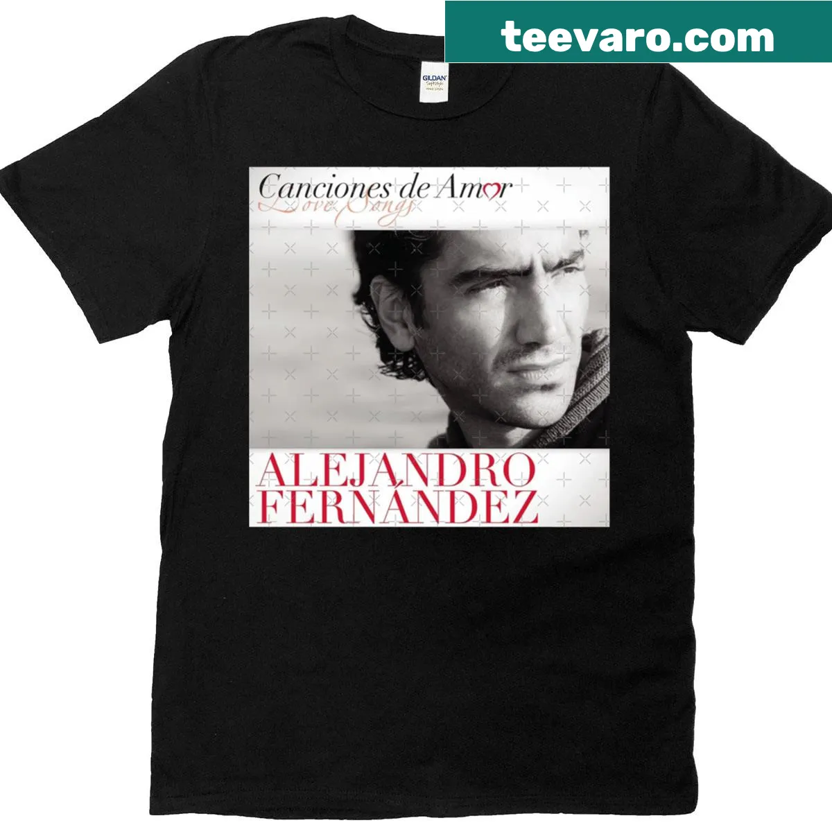 T-shirt featuring Alejandro Fernández Canciones De Amor album design — on a men's t-shirt