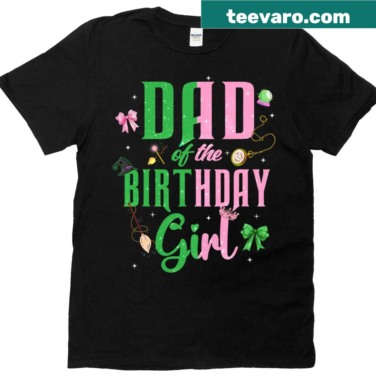 Whimsical birthday-themed tee for dads with playful witchy graphics — on a men's t-shirt
