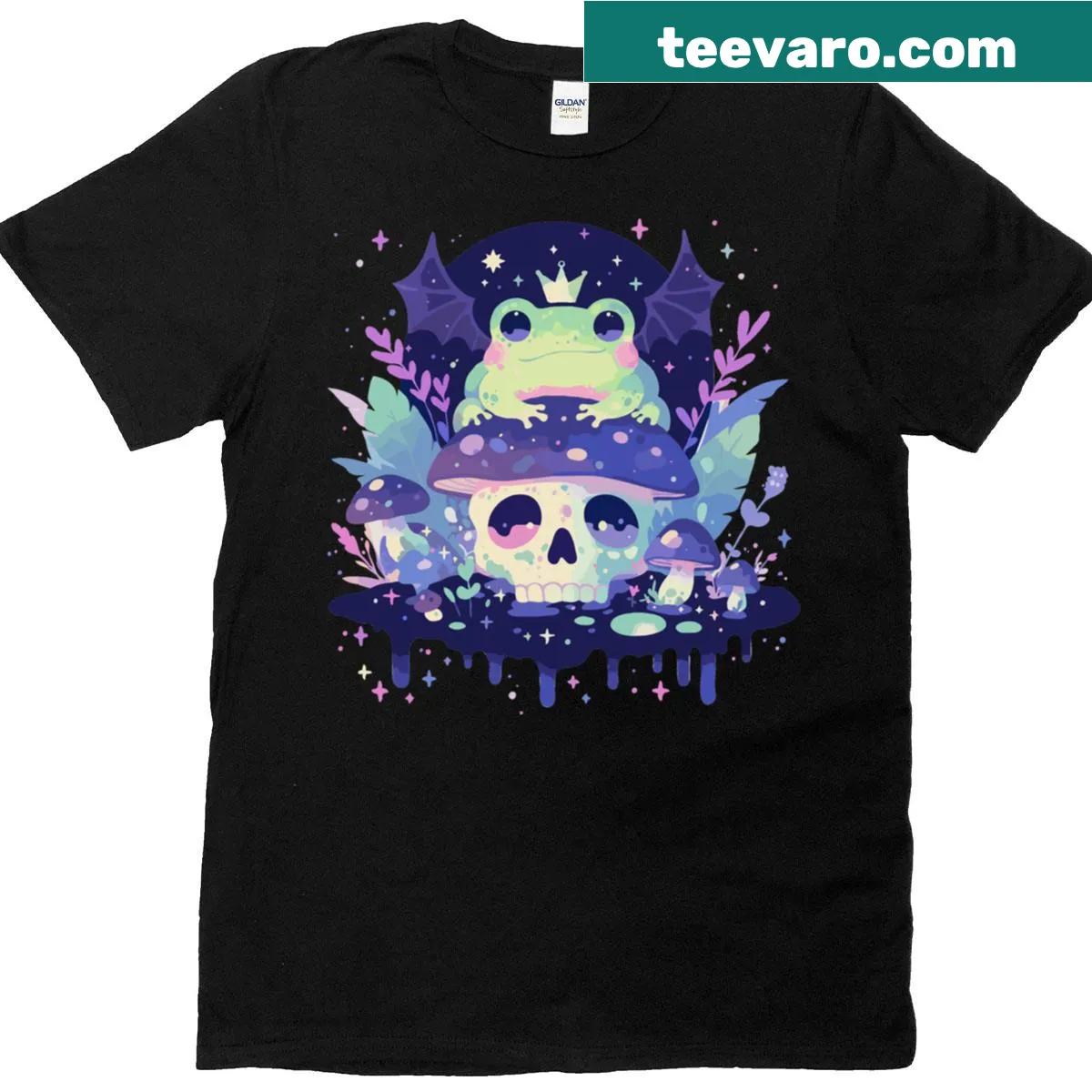 Whimsical t-shirt featuring a frog with wings in a magical design — on a men's t-shirt